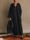 Women's Vintage-Style Elegant Casual Cotton-Linen V-Neck Long-Sleeve Loose Maxi Dress ZMZ1499H7ZYY