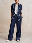 Women's Classic Navy Cotton-Linen Color-Block Suit Set (Blazer And Trousers) ZMZ1461H8SWL