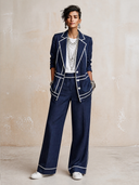 Women's Classic Navy Cotton-Linen Color-Block Suit Set (Blazer And Trousers) ZMZ1461H8SWL