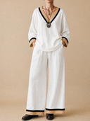 Women's Vintage-Style Casual Cotton-Linen Set: V-Neck Long-Sleeve Shirt And Elastic-Waist Wide-Leg Pants ZMZ1492H1ZYY