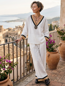 Women's Vintage-Style Casual Cotton-Linen Set: V-Neck Long-Sleeve Shirt And Elastic-Waist Wide-Leg Pants ZMZ1492H1ZYY
