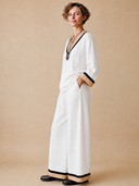 Women's Vintage-Style Casual Cotton-Linen Set: V-Neck Long-Sleeve Shirt And Elastic-Waist Wide-Leg Pants ZMZ1492H1ZYY