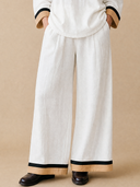 Women's Vintage-Style Casual Cotton-Linen Set: V-Neck Long-Sleeve Shirt And Elastic-Waist Wide-Leg Pants ZMZ1492H1ZYY