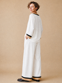 Women's Vintage-Style Casual Cotton-Linen Set: V-Neck Long-Sleeve Shirt And Elastic-Waist Wide-Leg Pants ZMZ1492H1ZYY