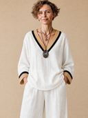 Women's Vintage-Style Casual Cotton-Linen Set: V-Neck Long-Sleeve Shirt And Elastic-Waist Wide-Leg Pants ZMZ1492H1ZYY