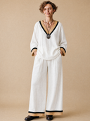 Women's Vintage-Style Casual Cotton-Linen Set: V-Neck Long-Sleeve Shirt And Elastic-Waist Wide-Leg Pants ZMZ1492H1ZYY