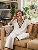 Women's Vintage-Style Casual Cotton-Linen Set: V-Neck Long-Sleeve Shirt And Elastic-Waist Wide-Leg Pants ZMZ1492H1ZYY