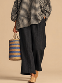 Women's Vintage-Style Casual Set: Cotton Stand-Collar Lantern-Sleeve Shirt And Cotton-Linen Wide-Leg Pants With Elastic Waist ZMZ1456H1ZYY