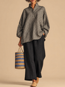 Women's Vintage-Style Casual Set: Cotton Stand-Collar Lantern-Sleeve Shirt And Cotton-Linen Wide-Leg Pants With Elastic Waist ZMZ1456H1ZYY