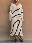 Women's Vintage Elegant V-Neck Flare-Sleeve Loose Knit Maxi Dress ZMZ1473H1ZYY