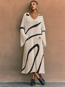 Women's Vintage Elegant V-Neck Flare-Sleeve Loose Knit Maxi Dress ZMZ1473H1ZYY