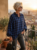 Women's Vintage Casual Stand Collar And Lantern Sleeves Loose-Fit Cotton Plaid Shirt ZMZ1454H9ZYY