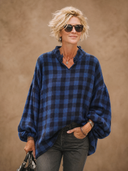 Women's Vintage Casual Stand Collar And Lantern Sleeves Loose-Fit Cotton Plaid Shirt ZMZ1454H9ZYY