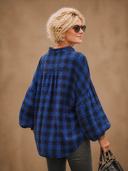 Women's Vintage Casual Stand Collar And Lantern Sleeves Loose-Fit Cotton Plaid Shirt ZMZ1454H9ZYY