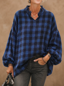 Women's Vintage Casual Stand Collar And Lantern Sleeves Loose-Fit Cotton Plaid Shirt ZMZ1454H9ZYY
