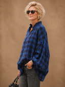 Women's Vintage Casual Stand Collar And Lantern Sleeves Loose-Fit Cotton Plaid Shirt ZMZ1454H9ZYY