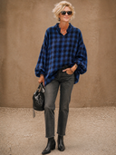 Women's Vintage Casual Stand Collar And Lantern Sleeves Loose-Fit Cotton Plaid Shirt ZMZ1454H9ZYY