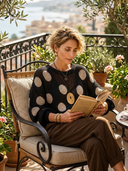 Women's Vintage-Style Elegant Round Neck Long-Sleeve Polka-Dot Sweater ZMZ1403H1ZYY