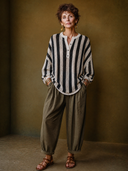 Women's Vintage-Style Elegant Black And White Vertical-Stripe Long-Sleeve Henley Sweater ZMZ1495H0ZYY