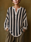 Women's Vintage-Style Elegant Black And White Vertical-Stripe Long-Sleeve Henley Sweater ZMZ1495H0ZYY