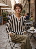 Women's Vintage-Style Elegant Black And White Vertical-Stripe Long-Sleeve Henley Sweater ZMZ1495H0ZYY