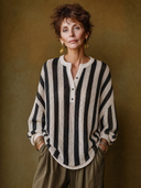 Women's Vintage-Style Elegant Black And White Vertical-Stripe Long-Sleeve Henley Sweater ZMZ1495H0ZYY