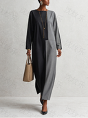 Women's Retro Cotton Blend Gray And Black Color Block Long-Sleeved Maxi Dress ZMZ0966G4SWL