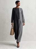 Women's Retro Cotton Blend Gray And Black Color Block Long-Sleeved Maxi Dress ZMZ0966G4SWL