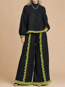 Women's Vintage-Style Casual Cotton-Linen Set: Long-Sleeve Mandarin Collar Top And Wide-Leg Pants With Elastic Waist ZMZ1496H6ZYY