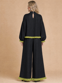 Women's Vintage-Style Casual Cotton-Linen Set: Long-Sleeve Mandarin Collar Top And Wide-Leg Pants With Elastic Waist ZMZ1496H6ZYY