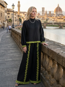 Women's Vintage-Style Casual Cotton-Linen Set: Long-Sleeve Mandarin Collar Top And Wide-Leg Pants With Elastic Waist ZMZ1496H6ZYY