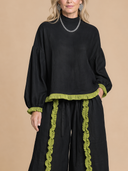 Women's Vintage-Style Casual Cotton-Linen Set: Long-Sleeve Mandarin Collar Top And Wide-Leg Pants With Elastic Waist ZMZ1496H6ZYY