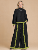 Women's Vintage-Style Casual Cotton-Linen Set: Long-Sleeve Mandarin Collar Top And Wide-Leg Pants With Elastic Waist ZMZ1496H6ZYY