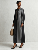 Women's Retro Cotton Blend Gray And Black Color Block Long-Sleeved Maxi Dress ZMZ0966G4SWL