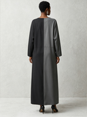 Women's Retro Cotton Blend Gray And Black Color Block Long-Sleeved Maxi Dress ZMZ0966G4SWL