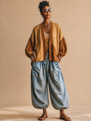 Women's Vintage Casual Lantern Sleeves And Single-Breasted Closure Cotton-Linen Lightweight Jacket ZMZ1416H9ZYY
