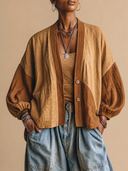 Women's Vintage Casual Lantern Sleeves And Single-Breasted Closure Cotton-Linen Lightweight Jacket ZMZ1416H9ZYY