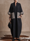 Women's Vintage-Style Casual Cotton-Linen Patchwork Plaid V-Neck Long-Sleeve Loose Maxi Dress ZMZ1465H1ZYY