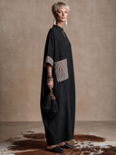 Women's Vintage-Style Casual Cotton-Linen Patchwork Plaid V-Neck Long-Sleeve Loose Maxi Dress ZMZ1465H1ZYY