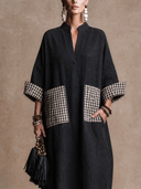 Women's Vintage-Style Casual Cotton-Linen Patchwork Plaid V-Neck Long-Sleeve Loose Maxi Dress ZMZ1465H1ZYY
