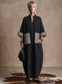 Women's Vintage-Style Casual Cotton-Linen Patchwork Plaid V-Neck Long-Sleeve Loose Maxi Dress ZMZ1465H1ZYY