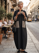 Women's Vintage-Style Casual Cotton-Linen Patchwork Plaid V-Neck Long-Sleeve Loose Maxi Dress ZMZ1465H1ZYY
