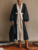 Women's Vintage-Style Casual Cotton-Linen Color-Block Paneling And Lantern Sleeves Midi Dress ZMZ1490H1ZYY