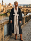 Women's Vintage-Style Casual Cotton-Linen Color-Block Paneling And Lantern Sleeves Midi Dress ZMZ1490H1ZYY