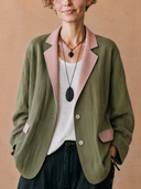 Women's Vintage-Style Casual Cotton-Linen Color-Block Paneling And Single-Breasted Closure Blazer ZMZ1462H6ZYY