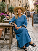 Women's Vintage Elegant Cotton-Linen Color-Block V-Neck Flared-Sleeve Loose Maxi Dress ZMZ1431H0ZYY