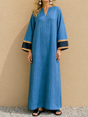 Women's Vintage Elegant Cotton-Linen Color-Block V-Neck Flared-Sleeve Loose Maxi Dress ZMZ1431H0ZYY