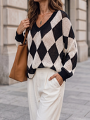 Women Black White Argyle Hollow Knit Top, V Neck Long Sleeve Loose Casual Sweater Blouse ZMZ1294H9YZH