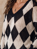 Women Black White Argyle Hollow Knit Top, V Neck Long Sleeve Loose Casual Sweater Blouse ZMZ1294H9YZH