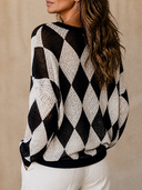 Women Black White Argyle Hollow Knit Top, V Neck Long Sleeve Loose Casual Sweater Blouse ZMZ1294H9YZH